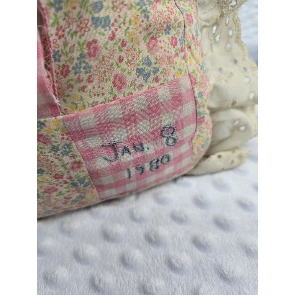 Ruffle Gingham Pillow Pink Cottagecore Embroidered Happy Birthday 10” Jennifer